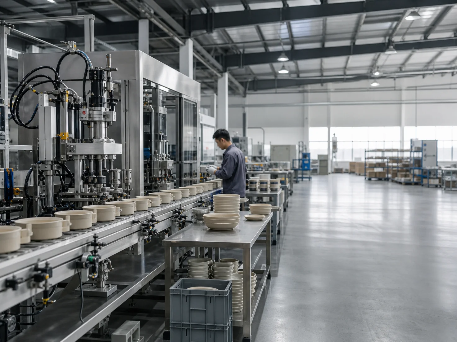 An automated production line and organized workstations fill a clean kitchenware factory.