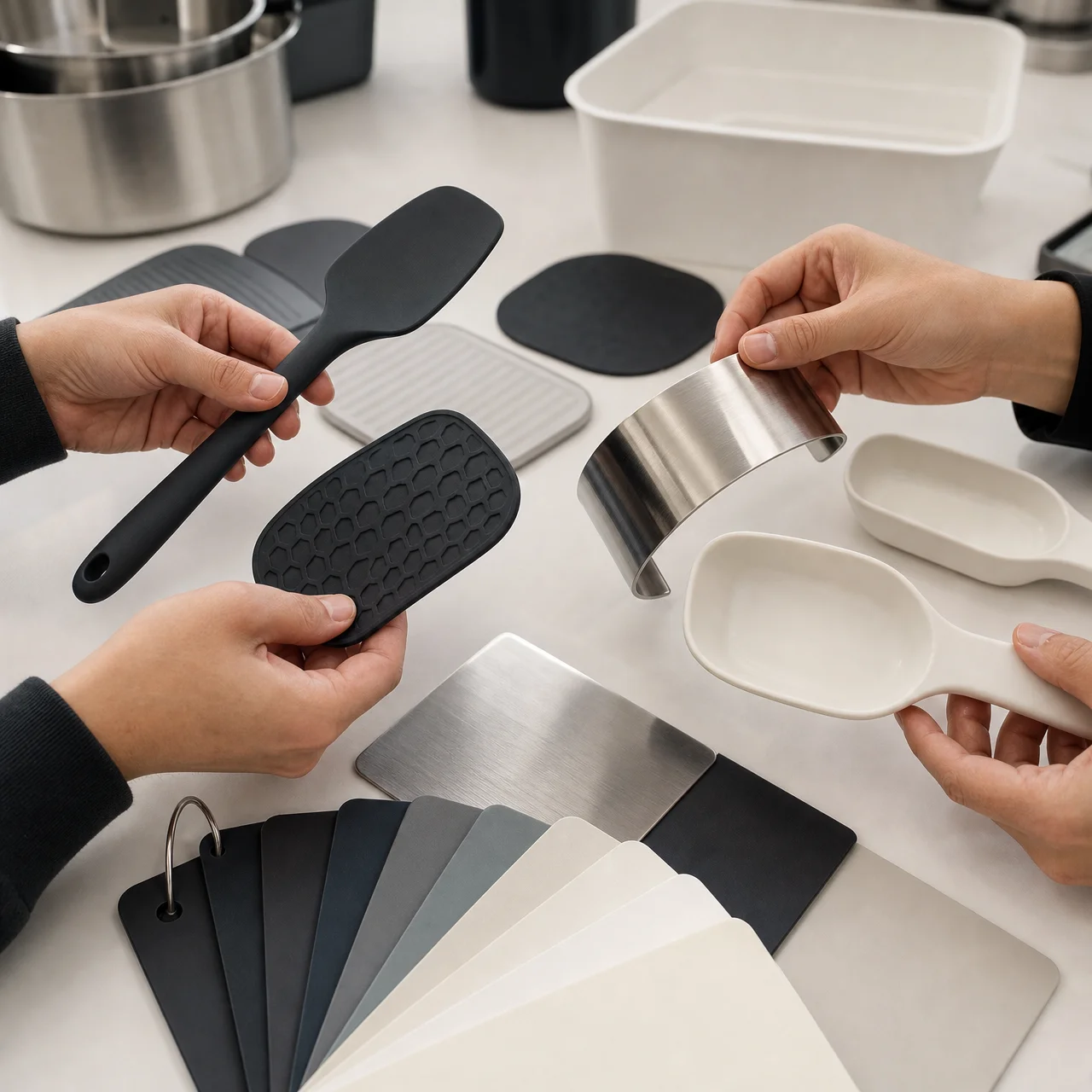 Hands compare silicone, steel, and plastic kitchenware samples with color swatches at a design bench.