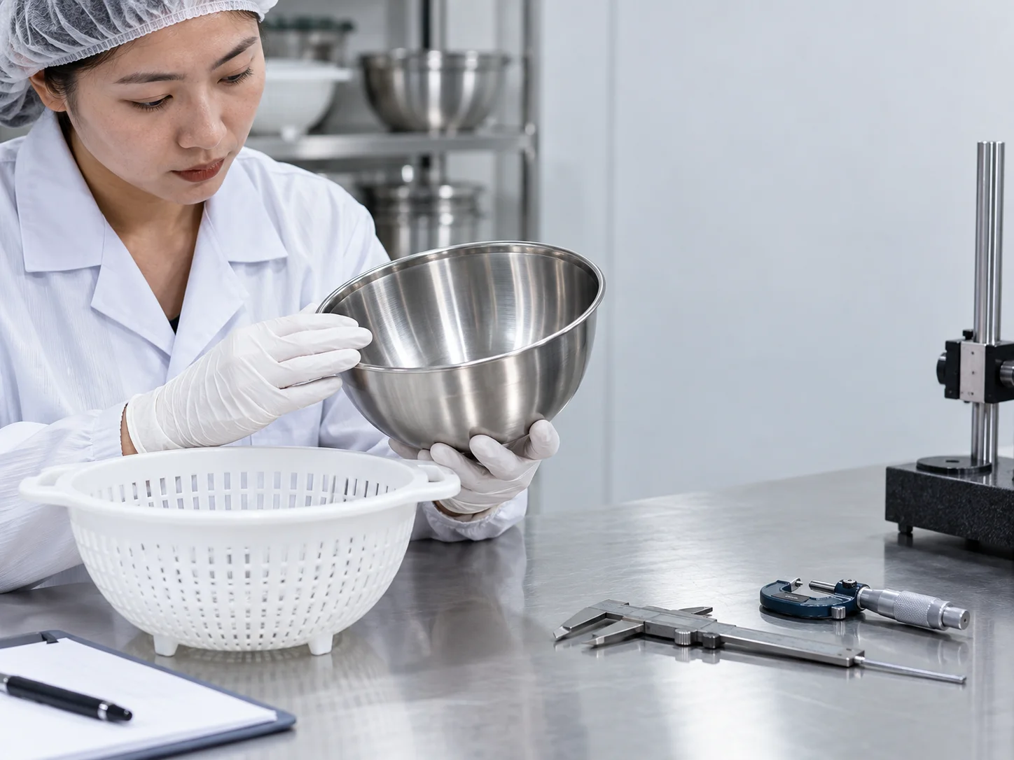A gloved technician inspects a steel bowl and white plastic colander beside testing instruments.