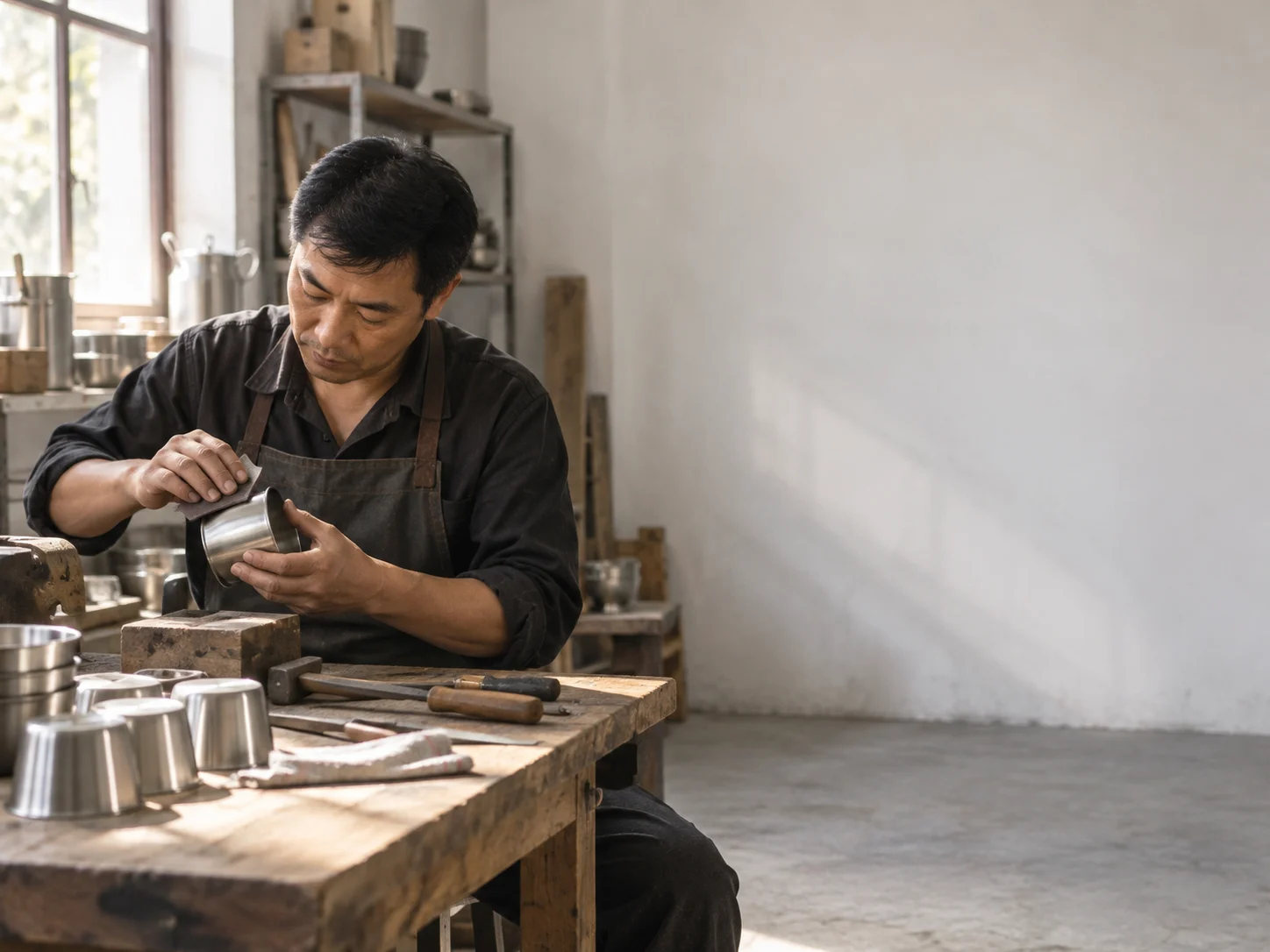 A craftsperson hand-finishes a plain kitchenware component at a small workshop bench.