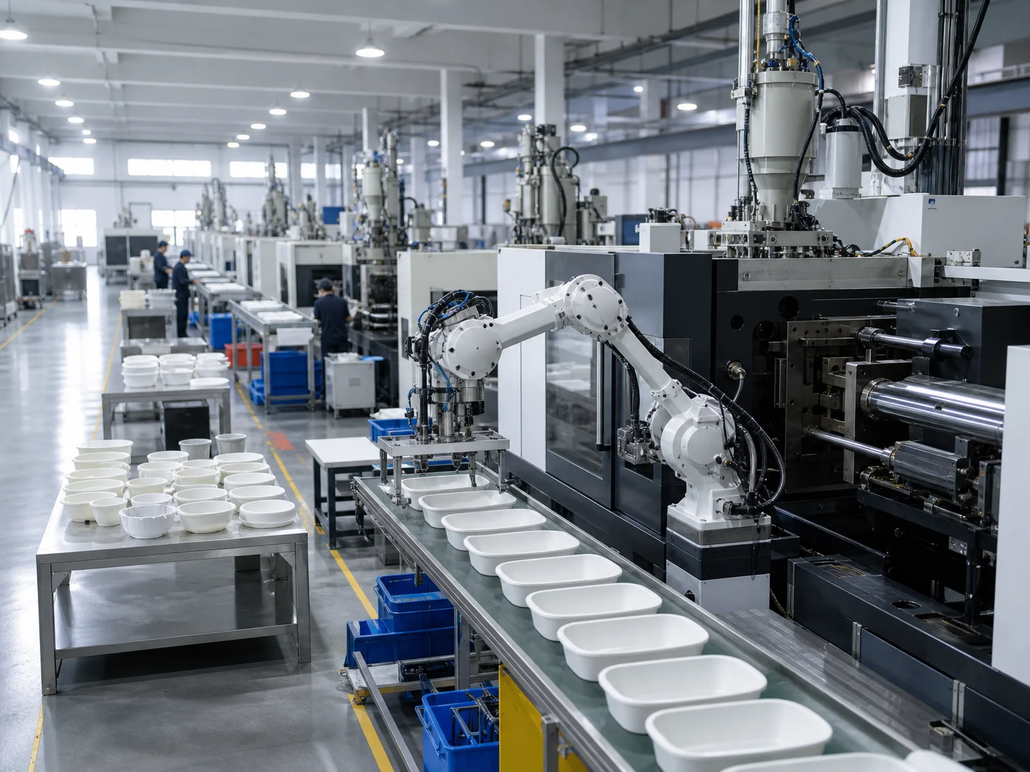 Automated molding equipment and a robotic arm handle plain kitchenware parts in a modern factory.