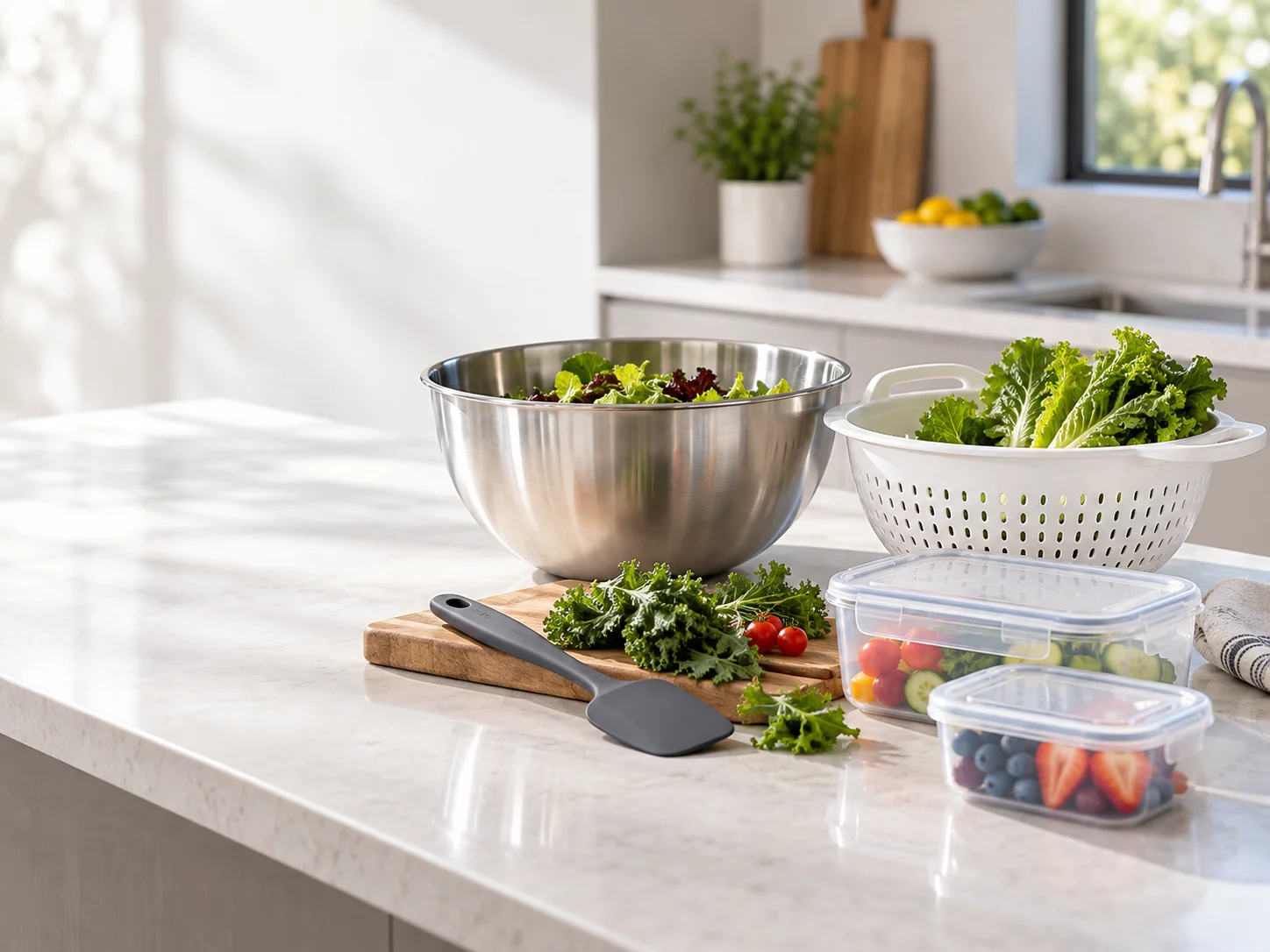 Silicone tools, a stainless-steel bowl, a white colander, and clear containers are arranged with fresh vegetables on a kitchen island.