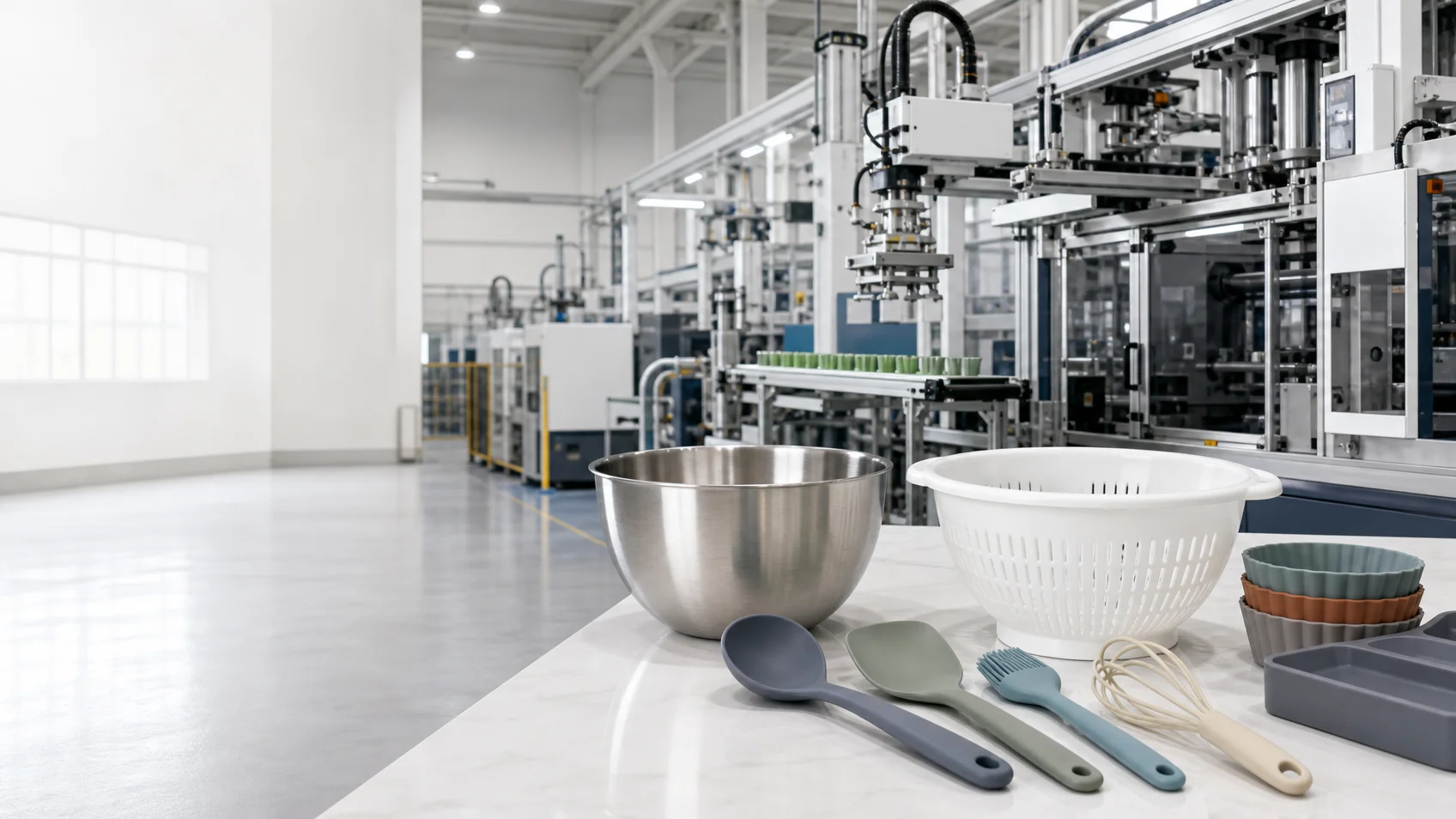 Stainless-steel bowl, white colander, and silicone tools are arranged before an automated kitchenware production line.