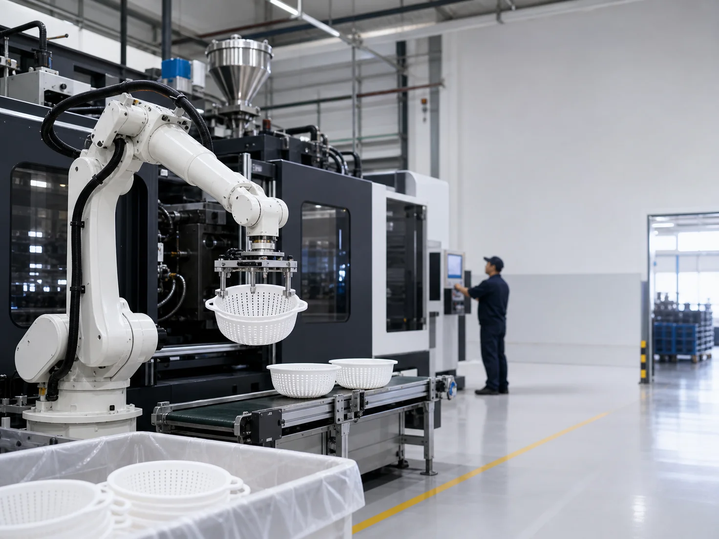 A robotic arm moves newly molded plastic kitchenware parts beside an automated production line.