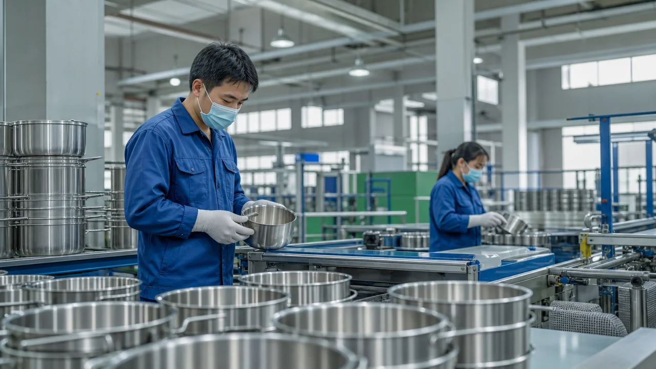 An automated production line inside a kitchenware manufacturing facility
